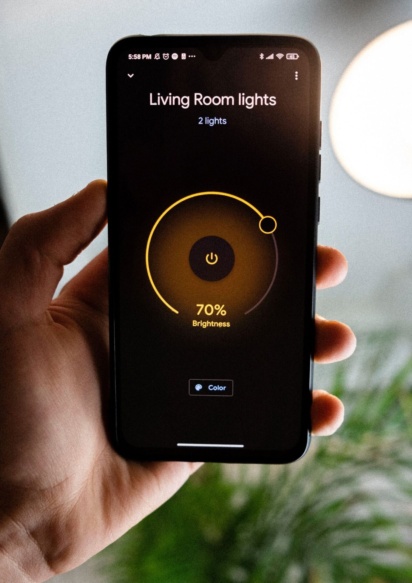a person holding a phone that is controlling the brightness of the living room lights